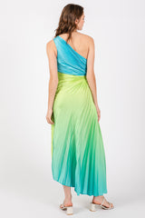 Blue Ombre Pleated Asymmetrical Maxi Dress