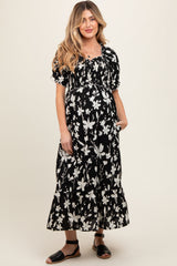 Black Floral Puff Sleeve Maternity Midi Dress