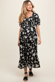 Black Floral Puff Sleeve Maternity Midi Dress