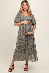 Forest Green V-Neck 3/4 Sleeve Maternity Maxi Dress