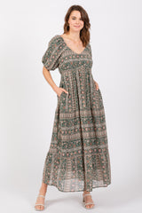 Forest Green V-Neck 3/4 Sleeve Maxi Dress