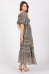 Forest Green V-Neck 3/4 Sleeve Maxi Dress