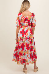 Red Floral V-Neck Short Puff Sleeve Tiered Maternity Midi Dress