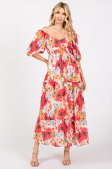 Red Floral V-Neck Short Puff Sleeve Tiered Midi Dress