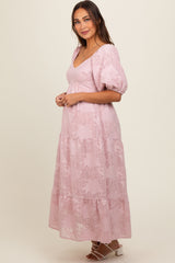 Light Pink Embroidered Leaf Print Striped Maternity Maxi Dress