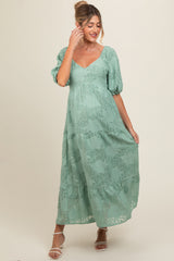 Light Olive Embroidered Leaf Print Striped Maternity Maxi Dress