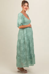 Light Olive Embroidered Leaf Print Striped Maternity Maxi Dress