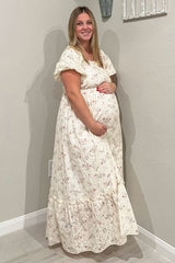 Ivory Floral Eyelet Puff Sleeve Maternity Maxi Dress