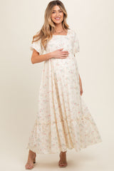 Ivory Floral Eyelet Puff Sleeve Maternity Maxi Dress