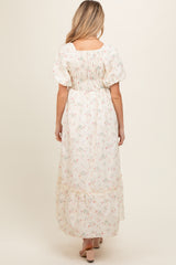 Ivory Floral Eyelet Puff Sleeve Maternity Maxi Dress