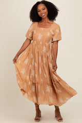 Camel Floral Print Ruffle Hem Maxi Dress