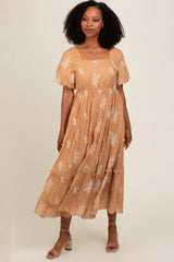 Camel Floral Print Ruffle Hem Maxi Dress