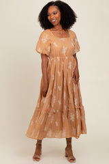 Camel Floral Print Ruffle Hem Maxi Dress