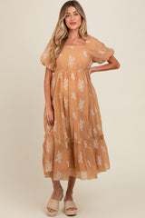 Camel Floral Print Ruffle Hem Maternity Maxi Dress