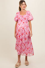 Pink Floral Smocked Sweetheart Neck Short Puff Sleeve Maternity Midi Dress