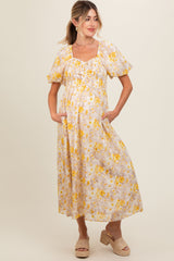 Yellow Floral Smocked Sweetheart Neck Short Puff Sleeve Maternity Midi Dress