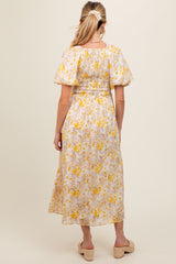 Yellow Floral Smocked Sweetheart Neck Short Puff Sleeve Maternity Midi Dress