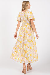 Yellow Floral Smocked Sweetheart Neck Short Puff Sleeve Midi Dress