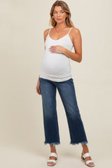 Navy Blue Fringe Hem Maternity Cropped Jeans