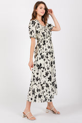 Cream Floral Puff Sleeve Midi Dress