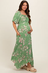 Light Olive Floral Puff Sleeve Maternity Maxi Dress