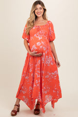 Orange Floral Puff Sleeve Maternity Maxi Dress