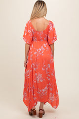 Orange Floral Puff Sleeve Maternity Maxi Dress