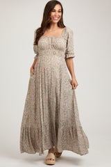 Beige Floral Criss Cross Back Maternity Maxi Dress