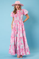 Pink Floral Smocked Short Puff Sleeve Tiered Maxi Dress