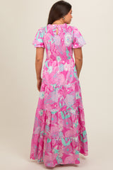 Pink Floral Smocked Short Puff Sleeve Tiered Maternity Maxi Dress