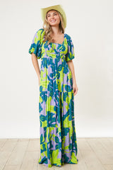 Teal Leaf Print Printed Puff Sleeve Maternity Maxi Dress