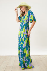 Teal Leaf Print Printed Puff Sleeve Maxi Dress