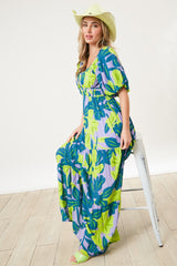 Teal Leaf Print Printed Puff Sleeve Maxi Dress