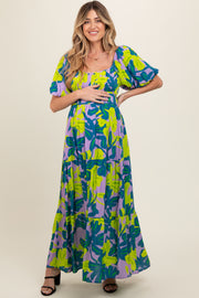 Teal Leaf Print Printed Puff Sleeve Maternity Maxi Dress