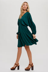 Hunter Green Satin Open-Back Dolman Sleeved Dress