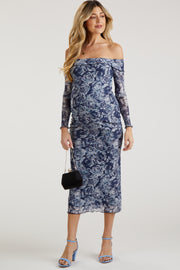 Navy Floral Off Shoulder Mesh Knit Maternity Midi Dress