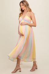 Pink Ombre Striped Braided Strap Maternity Midi Dress