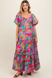 Lavender Multi Color Floral Puff Sleeve Maternity Maxi Dress