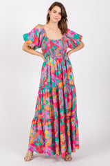 Lavender Multi Color Floral Puff Sleeve Maternity Maxi Dress