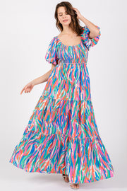 Blue Multi Color Print Puff Sleeve Maxi Dress