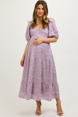 Lavender Fringe Textured Short Puff Sleeve Maternity Midi Dress