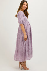 Lavender Fringe Textured Short Puff Sleeve Maternity Midi Dress