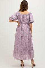 Lavender Fringe Textured Short Puff Sleeve Maternity Midi Dress