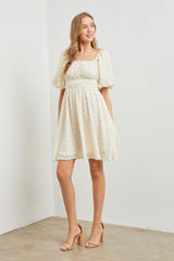 Off White Woven Texture Square Neck Dress