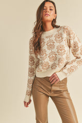 Beige Taupe Floral Pattern Knit Sweater