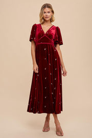 Burgundy All Over Floral Embroidered Velvet Maxi Dress