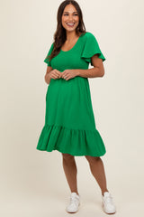 Green Smocked Ruffle Hem Maternity Dress