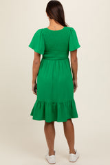 Green Smocked Ruffle Hem Maternity Dress