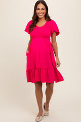 Fuchsia Smocked Ruffle Hem Maternity Dress