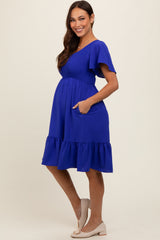 Royal Blue Smocked Ruffle Hem Maternity Dress